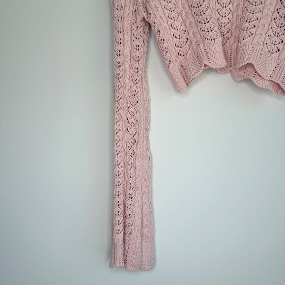 Altar'd State Pink Crochet Knit Crop Sweater Lace Up Back Bell Sleeve - Picture 6 of 8